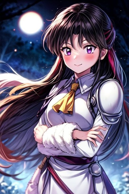 masterpiece,  best quality 1girl Setsun4 solo long hair,  (night time) forest background black hair very long hair purple eyes multicolored hair armor (fur trim) (medium body),<lora:EMS-179-EMS:0.800000>,<lora:EMS-293862-EMS:0.800000> bow, hair_bow, hair_tubes, red_bow, brown_hair, long_hair, bangs, ascot, frilled_bow, yellow_ascot, blush, smile, hair_between_eyes, athletic, armor