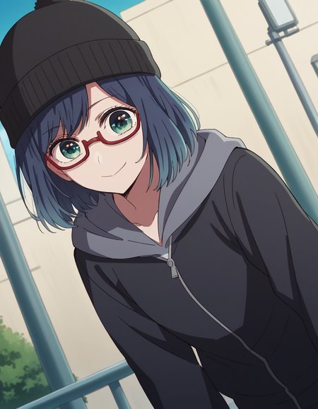 score_9, score_8_up, score_7_up, source_anime,
akanekurokawa, <lora:akane-kurokawa-s1-ponyxl-lora-nochekaiser:1>,
akane kurokawa, bangs, green eyes, blue hair, medium hair, dark blue hair,
long sleeves, hat, jacket, glasses, hood, black jacket, black headwear, hoodie, hood down, red-framed eyewear, beanie,
outdoors, street, bent over, smile,
looking at viewer, cowboy shot, dutch angle, solo,
