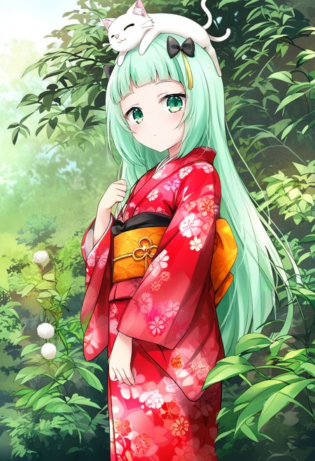 1girl,marimari \(show by rock!!\),show by rock!!,animal on head,blunt bangs,bow,cat,cat on head,cowboy shot,expressionless,floral print,from side,green eyes,green hair,hair bow,hand up,japanese clothes,kimono,leaf,long hair,obi,obiage,on head,outdoors,red kimono,sash,short bangs,sketch,straight hair,orange sash,kappa,dandelion,flower brooch,looking at viewer,print kimono,white cat,bush,obijime,standing,solo,black bow,obidome,flower <lora:caoXL_NBVP1_lokr_V6311PZ:0.95>