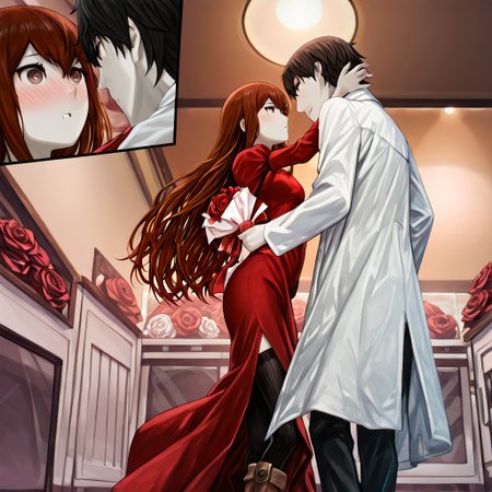 highres, best quality, masterpiece, masterpiece, absurdres, newest, perfect quality, best quality, absolutely eye-catching, couple, 1boy, 1girl, couple, romance, hetero, looking at another, imminent kiss, blushing, \(holding bouquet of roses\), suit, red dress, detailed background, indoors, valentine's day, cinematic lighting, vibrant colors, close up, Kurisu Makise, Long reddish-brown hair, Shoulder-length hair, Pale skin, Almond-shaped eyes, Brown eyes, Slender build, Wears a white lab coat, Often wears black stockings, Wears brown boots, Makise Kurisu