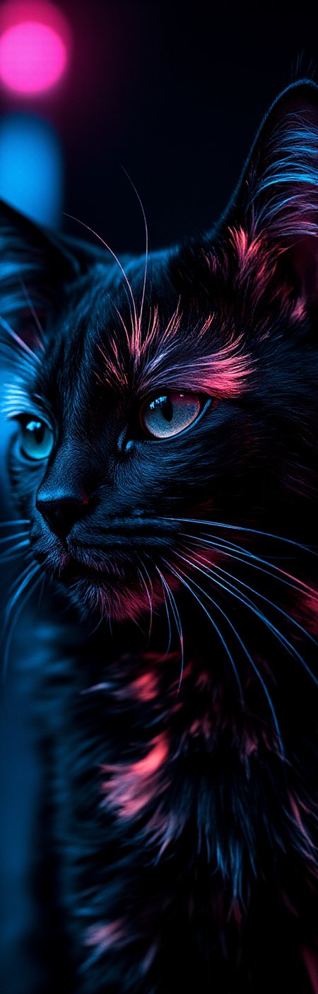 inspired, close-up, best quality, ultra high res, cinematic, a very detailed infrared image of a sophisticated cat. Thick outlined silhouette, see-through double exposure, black cat, illustrated cat, sketch, linear hatching, creative background patterns and texture. The image is highly detailed and realistic. The fur and features are clearly shown in full texture and stylization. The shadows are accentuated and the dynamic is surreal. The image is the product of a blacklight production with ample shades of colors and hand-drawn edges overtop the photograph art. The entire finished product is a stunning art of a vibrant infrared themed cat in a dark, yet vibrant, manner. The kitten's eyes are very detailed and close-up with visible texture and inner reflection. Sound waves dance in the background as sound-form equalizers, radiating soft, yet vibrant, color patterns. The kitten's eyes speak volumes and display the cat's intentions and behaviors. Yes, the cat is cute.
<lora:Phlux:0.4> <lora:Pixel_Art_FLUX:-0.2> <lora:Relief_Art_for_Flux_-_by_Ethanar:0.5> <lora:amateurphotov2:0.5>