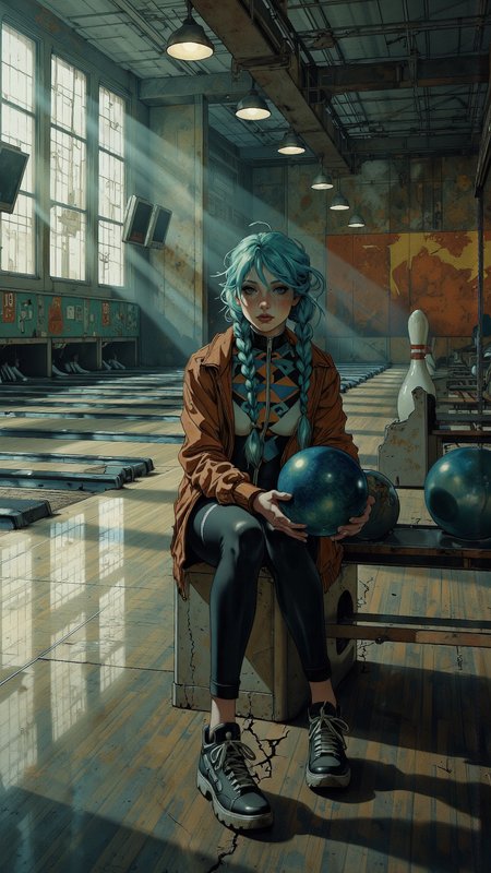 High-resolution anime-style illustration with bold painterly textures, moody atmospheric lighting, and a forgotten, nostalgic tone. A stylish young woman sits alone on a cracked plastic seat in an abandoned bowling alley, her gaze distant and lost in thought. The dim, dust-filled air is illuminated only by faint streaks of pale daylight filtering through grime-covered windows, casting long shadows over the empty lanes.
Her long, electric-blue hair is styled into twin braids, a few loose strands framing her face. She wears a cropped, worn-out bomber jacket over a form-fitting bodysuit with bold geometric patterns, paired with high-waisted leggings and scuffed sneakers. One hand rests on her knee, the other lazily gripping a bowling ball, fingers trailing over its smooth, dusty surface.
The once-lively bowling alley is now frozen in timeâfaded score monitors hang lifeless above the lanes, the return system filled with forgotten balls, and a torn carpet curling at the edges. A single pin stands eerily at the end of a dusty lane, untouched. The silence is thick, broken only by the occasional creak of the old wooden floors, as if the ghosts of the past still linger in the abandoned space. <lora:Anime_Art_V3:0.7000000000000001> <lora:Dorota_Pietrowiak:0.9> <lora:Ayanna_Sketch_Style-000001:0.8>