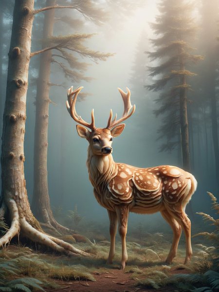 A serene ais-pncks deer looking up from grazing in a misty forest clearing at dawn <lora:ais-pncks-sdxl:1>