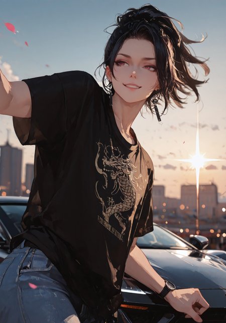 masterpiece, best quality, good quality, very aesthetic, absurdres, 
newest, 8K, depth of field, focused subject,visual storytelling,dynamic composition,
close up, stylized, scenery, bokeh,blurred background, 
Black Myth Wukong, male sun wukong, 
chinese mythology,( dynamic pose:1.3), smirking face,
upper body focus,
casual clothes, wearing luxurious jeans and luxurious black t-shirt with gothic design, expensive black watch
windblown hair, 
dramatic sky, celestial clouds, floating mountains, mythic scale, sakura petals, mystic mist, 
cinematic composition, backlighting, volumetric light, vegas city scene, symbolic environment, god-tier illustration,(sketch:1.3), laying on a lamborghini aventador with spoiler and body kit (car is black, chrome carbon fiber details), kicking pose