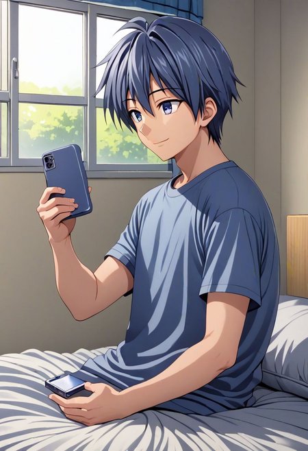 high resolution, solo, best quality, 1Boy, Tomoya Okazaki, Grey Blue Hair, holding smartphone, t-shirt, on the bed, sunny day, window, smile, open eyes, side view, sit, nap, indoor, bed room, OverallDetail