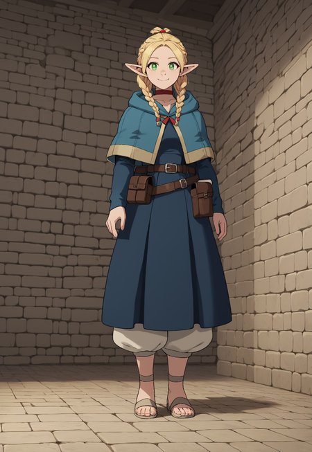 score_9, score_8_up, score_7_up, masterpiece, best quality, amazing quality, very aesthetic, absurdres, Dunmeshi_Marcille, 1girl, solo, female focus, pointy ears, blonde hair, green eyes, HairTwinbraids, red choker, blue hooded capelet, hood down, blue dress, furisode sleeves, brown belt, belt pouch, book holster, beige pants, beige sandals, full body,smile, looking at viewer, dungeon, dark,perspective, dynamic pose