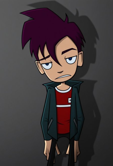 masterpiece,best quality,amazing quality, 
RandyCunningham, 1boy, male focus, solo, blue eyes, purple hair, shirt, red shirt, jacket, green jacket, open jacket,