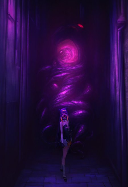 masterpiece, best quality, 1girl, solo, ninomae ina'nis, ninomae ina'nis \(1st costume\), short dress, tentacle hair, straight hair, hollow eyes, horror \(theme\), eldritch abomination, tentacles, dark, alley, outdoors, purple theme, <lora:ChamIllustriousBackgroundEnhancer:1>