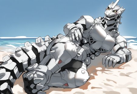 solo, dragon, robot, kiryu, male, lying, on side, 5 fingers, 4 toes, yellow eyes, black sclera, looking at viewer, open smile, tail, beach, outside, [[nekowuwu]], year 2023, year 2024, detailed face, (masterpiece, best quality, very aesthetic, amazing quality), absurdres, highres