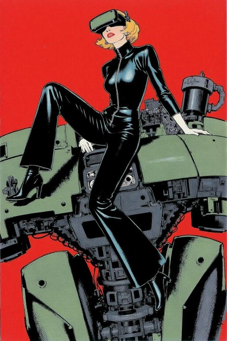 regr1 illustration.   
A striking, futuristic scene depicts a woman dressed in sleek, form-fitting leather attire, sitting confidently atop an open power suit, inspired by the cyberpunk aesthetics of Masamune Shirow. The power suit, a blend of advanced technology and military-grade armor, features intricate mechanical details, exposed wiring, and a robust, yet streamlined design. The woman, wearing a cutting-edge VR headset, exudes a sense of control and mastery over the machine beneath her. Her posture is relaxed yet commanding, with one hand resting on the suit's metallic surface and the other casually holding a piece of advanced tech. <lora:regr3_shoujo_nocap_d6a3:0.9><lora:808056092245446348:0>