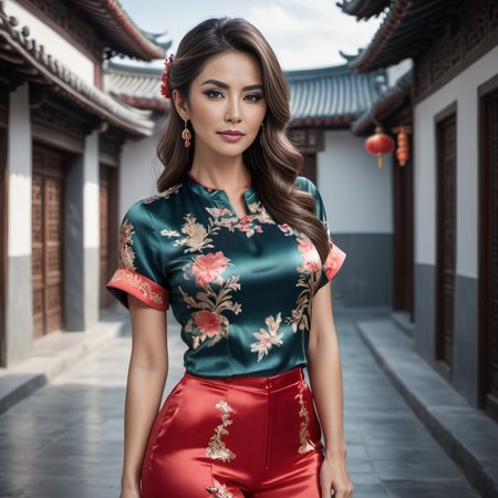 (full body shot) cute one spanish 40 year old women wearing a Chinese-inspired designs  satin_teeshirt, Half-up half-down  hair style, hyperdetailed photography,4k textures,intricate details,4k resolution  ship scene, ((dark cinematic still))   <lora:satin_teeshirt_v1:0.7>