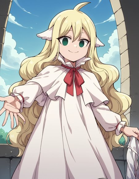 score_9, score_8_up, score_7_up, source_anime, <lora:mavis-vermillion-anime-ponyxl-lora-nochekaiser:1>, mavis, long hair, blonde hair, green eyes, ahoge, wavy hair, animal ears,, dress, white dress, collar, ribbon, red ribbon, capelet, long sleeves,, laundry day, clothesline, drying clothes, domestic life, fresh air, blue sky, smile, , hand reaching out, solo,, cowboy shot, dutch angle