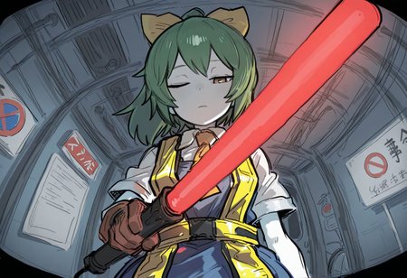 best quality, hires, thick outlines, sketch, thick outlines,
from below, looking at viewer, fisheye,
1girl, solo,
one eye closed, half closed eye, 
white skin,
medium hair, green hair, high ponytail,
gloves,
holding, traffic baton, 
high-visibility vest, high-visibility clothing,
blue dress, pinafore dress,
white shirt,
yellow necktie, yellow hair bow, 
pedestrians only sign, bicycles only sign, no entry sign,