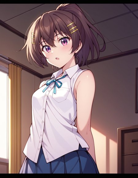 score_9, score_8_up, score_7_up, source_anime, uncensored, <lora:StS_detail_slider_v1:3>, zPDXLxxx, <lora:Momoka_Momozono_PONYXL_VexVexX:1>, MomokaMomozono, 1girl, purple eyes, brown hair, hair between eyes, ponytail, hairclip, small breasts, school uniform, skirt, pleated skirt, blue skirt, shirt, untucked shirt, sleeveless, neck ribbon, blue neck ribbon, cowboy shot, bedroom, __PERSPECTIVE__, __POSES_CLOTHES_2__