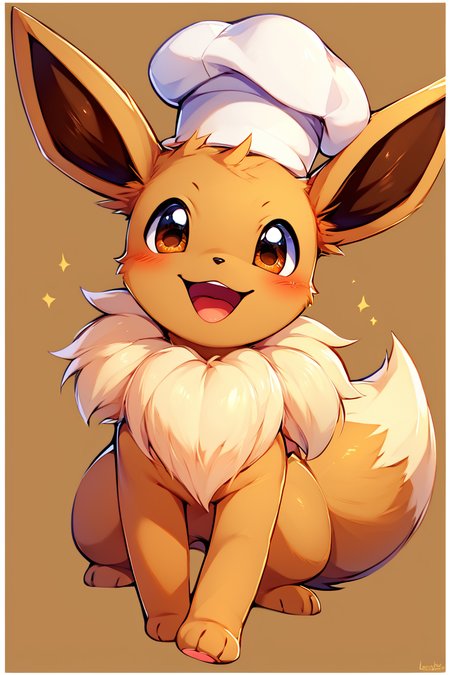 score_9, score_8_up, score_8,  ,,,  zzEV, looking at viewer, blush, smile, open mouth, simple background, hat, brown eyes, full body, :3, border, happy, white border, brown background, outside border, chef hat, brown theme,  <lora:EeveePokedexPDXL:1.0>,   ,,, embedding:zPDXL, Expressiveh, <lora:CatalystStylePDXL:0.6>,  <lora:SDXLFaeTastic2400:0.5>,  <lora:Expressive_H-000001:0.4>,