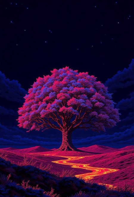 8-bit illustration, extremely detailed, high quality, high contrast colors, ne0nfant4sy style. A mesmerizing pixel-art scene featuring a solitary tree at the center of a vast, open field, crafted entirely in glowing dots and fine linear segments. The trunk and branches pulse with vivid magenta and electric cyan lines, giving a digital-electric feel. The foliage bursts with high-contrast neon colors—hot pink, laser yellow, and bright teal dots—clustered tightly to form a radiant canopy. The field below ripples with intense violet and burnt orange pixel strokes, arranged in swirling dot patterns that mimic wind-blown grass. The background sky fades from saturated crimson at the horizon to deep indigo above, dotted with scattered electric lime stars. The sunset glows in streaks of tangerine and cobalt blue, highlighting the pixel shimmer on the tree. Every detail is refined in retro pixel precision, blending nostalgic charm with synthetic brilliance. The mood is luminous, surreal, and dreamlike.