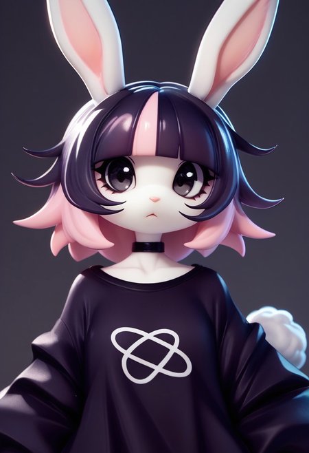 score_9, score_8_up, score_7_up, source_furry, FMW1, fluffy, painterly, vibrant details, Bubny,1girl,solo,rabbit girl,bangs,black hair,short hair,rabbit ears,multicolored hair,blunt bangs,furry female,black eyes,pink hair,purple hair,choker,rabbit girl,two-tone hair,rabbit tail,animal nose