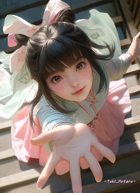 masterpiece, best quality, absurdres, illustration,
1girl, solo, smile, blush, looking at viewer, looking up, from above, chinese clothes, pink dress, long sleeves, brown eyes, black hair, bangs, hair bun, outstretched hand,  reaching towards viewer, lips, foreshortening, ribbon, stairs,