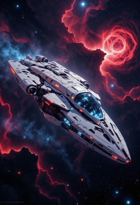 nistyle, in the style of ck-mgs,, in the style of cksx, ckspaceship, silhouette art, chiascuro, a futuristic, highly advanced exploration spaceship in deep space, viewed diagonally, cruising through insterstellar dust clouds with vibrant psychedelic nebulae in the background. The spaceship predominantly white with red and blue accents, glowing LEDs and diodes; the cockpit shows glowing led lights