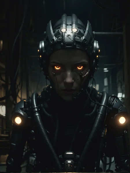 Half-body portrait of a cyborg woman，mechanical face：1.7，close-up of face: 1.9, Edge Light, Contour Light，covered with very many pipes and cables, dimly lit, dark, gritty, organic, monster-creature, cinematic shot + dynamic composition, incredibly detailed, sharpen, details + intricate detail + professional lighting, film lighting + 35mm + anamorphic + lightroom + cinematography + bokeh + lens flare + film grain + HDR10 + 8K + Roger Deakins:1.7, ((cinematic))