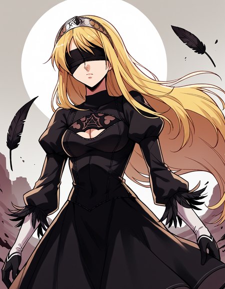 score_9, score_8_up, score_7_up, source_anime, <lora:kaibutsuoujo-liliane-s1-ponyxl-lora-nochekaiser:1>, liliane, long hair, blonde hair, red eyes, very long hair, tiara, medium breasts,, <lora:2b-cosplay-ponyxl-lora-nochekaiser:1>, 2bcosplay, 2b (nier:automata) (cosplay), gloves, long sleeves, dress, puffy sleeves, black dress, clothing cutout, cleavage cutout, juliet sleeves, feather-trimmed sleeves, blindfold, black blindfold, covered eyes,, wasteland, , dutch angle, cowboy shot