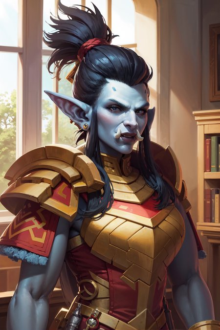 1girl, portrait of beautiful shewowtroll, tusks, blue skin, red armor, pauldrons, fur trim, black hair, mohawk, medieval room indoors, window, sunlight, volumetric lighting, best quality, masterpiece <lora:sxz-trolls-2:0.8>