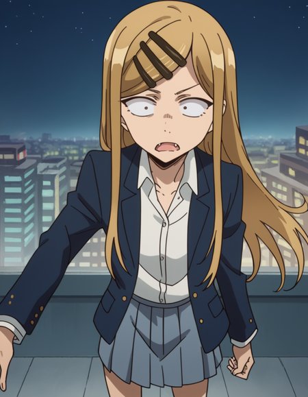 score_9, score_8_up, score_7_up, source_anime, <lora:saya-endou-s2-ponyxl-lora-nochekaiser:1>, saya endou, long hair, blonde hair, hair ornament, brown eyes, hairclip, fang, wide-eyed, constricted pupils, sanpaku,, skirt, shirt, hair ornament, school uniform, jacket, pleated skirt, socks, blazer,, city skyline, rooftop view, night time, city lights, quiet reflection, , , arm straight out to the side, solo,, cowboy shot, dutch angle