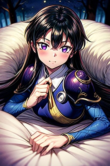 best quality 1girl Setsun4 solo long hair,  (night time) forest background black hair very long hair purple eyes multicolored hair armor, small, (fur trim) (medium body),<lora:EMS-179-EMS:0.800000>,<lora:EMS-293862-EMS:0.800000> bow, hair_bow, hair_tubes, red_bow, brown_hair, long_hair, bangs, ascot, frilled_bow, yellow_ascot, blush, smile, hair_between_eyes, athletic, armor, miko, ,(((intricate outfit,intricate clothes,embroidered outfit,ornate outfit,embroidered clothes,ornate clothes))), laying down, lying down