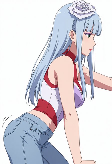 Smooth Quality,masterpiece,very intricate, high quality details, ultra realistic, high detailed skin,detailed enviorement,absurdres,
 <lora:Manami_Supernova_CNR:0.8> manami_cnr, 1girl,blue hair, long hair, blunt bangs, green eyes, makeup, lipstick,white flower,hair flower, hair ornament,, simple background, white background, from side,solo,
walking motion, mid-stride, one arm swinging forward, dynamic limb positioning  ,, | |,, kimono,  ,compression shirt,  ,jeans, ,