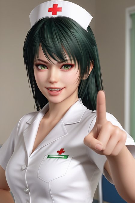 score_9,score_8,score_7_up,ultra detailed,realistic,high_contrast,  kanna \(doa\), 1girl,green hair,v-shaped eyebrows, green eyebrows, gold eyes, slit pupils, black eyelashes, red eyeliner, (very long_hair),straight_hair,swept_bangs,long sidelocks,  looking at viewer,seductive_smile,hand on own hip,pointing at viewer,open_mouth,fangs,foreshortening,  standing,front view, nurse_cap, nurse suit, depth_of_field,inpatient ward, waed deessing carriage,   <lora:doa_kanna_pdxl_v11:0.7000000000000002>