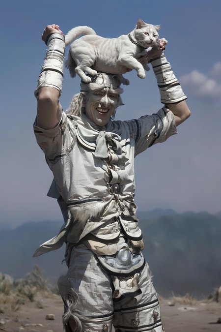 dw13sliver,man,(ultra high quality,photorealistic, realistic, best quality, photo-realistic) ,(8k,raw photo,masterpiece),(photon mapping,radiosity,physics based rendering,automatic white balance), holding cat,arms up,  hand up, smile