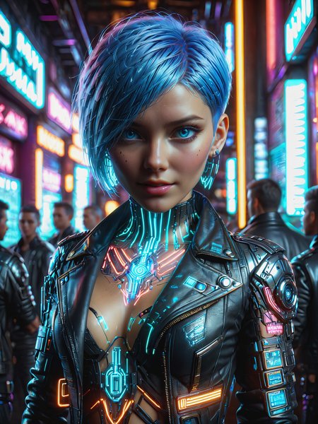 woman, mad-neonbody,  cyberpunk, leather jacket, crowded bar, depth of field, neon light, platinum pixie cut, (blue eyes:1.2), light smile, (facing viewer:1.2) <lora:Neon_Cyberpunk_Neon_Body_SDXL:1>, raw photo, film grain, (photorealistic, realistic:1.2), deep shadow,  8k, uhd, dslr, ultra high res