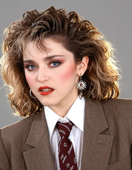 Madonna, blue eyes, her brown hair is styled in mess fluffy updo hair with blonde tips, blush and red lipstick and her makeup with dark eyebrown, dark eyeliner and mascara and red lipstick, wearing a brown suit, white shirt, and tie, posing for a picture against a grey background. She is wearing a pair of 80s earrings and 80s bangles, giving her a stylish and confident look. 
