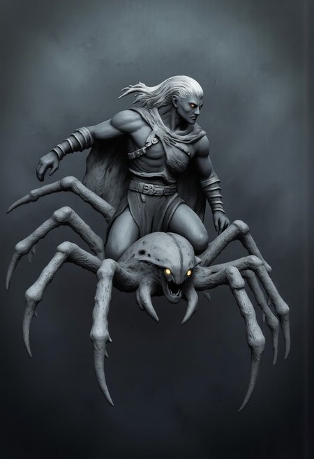 aidmaMJ6.1, Made out of paper, a PaperStyle , d4artstyle, d4concept, , d00mstyle, made of clay, ZBClay model of a gray sculpture
A fearsome drider creature with the upper body of a dark elf warrior and the lower body of a giant spider. The humanoid torso is adorned in sleek, dark armor, with long white hair flowing from its head. The expression is fierce, with sharp features and glowing eyes that convey a sense of malevolence and cunning. In one hand, it wields a gleaming sword, ready for battle. The spider half features a large, bulbous abdomen and eight segmented legs ending in sharp points, each limb covered in coarse bristles, giving it a predatory appearance. The blend of humanoid and arachnid traits evokes a sense of both beauty and horror, emphasizing the creature's dual nature as a warrior and monster.
Background solid color with a faded dimly lit, fog-covered darkness tone that emphasizes its silhouette. 
 The medium is not a traditional painting or illustrative medium like watercolor or ink but rather a digital rendering, eerie and unsettling.