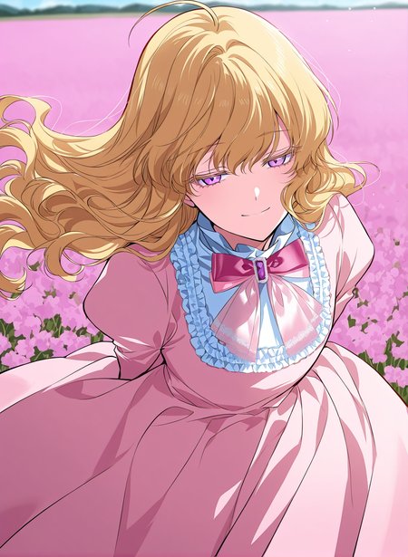 <lora:Heresy_Inquisitor_Female__SSS_Class_Suicide_Hunter__Illustrious:1>
1 girl, solo, long hair, wavy hair, blonde hair, ahoge, purple eyes, 
pink puffy long dress, pink bow on chest, long sleeves, white gloves,
score_9, score_8_up, score_7_up, very aesthetic, source_anime, detailed, high quality, beautiful, masterpiece, detailed eyes, field, blurry background, pose dynamic angle, upper body, cowboy shot, light smile, floating hair, half-closed eyes, hands behind back, leaning forward, looking forward, looking at viewer