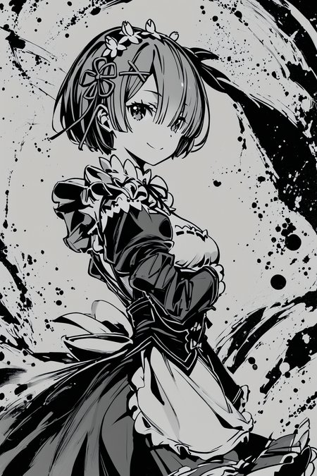 score_9,score_8_up,score_7_up,masterpiece,best quality,
ink \(medium\),(monochrome,greyscale:1.5),1girl,solo,rem (re:zero),x hair ornament,short hair,hair ornament,maid,looking at viewer,ribbon,maid headdress,long sleeves,dress,roswaal mansion maid uniform,smile,hair ribbon,puffy sleeves,frills,apron,bangs,closed mouth,medium breasts,dress,juliet sleeves,cowboy shot,flower,hair between eyes,waist apron,
<lora:okazu_XL_PONY:1>,