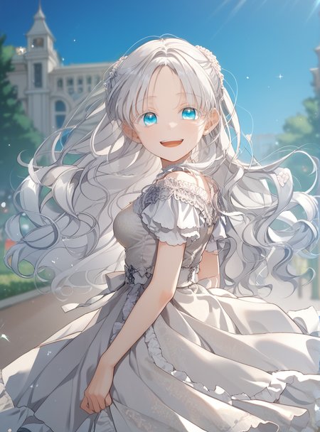 score_9_up, score_8_up, score_7_up, (Anime_source), 1girl,open mouth, in park , looking at viewer, dress, <lora:Aisha_Del_Elmir_-_Into_the_Light_Once_Again:1> aisha del elmir, 1girl, blue eyes, white hair, long hair, medium breasts, white eyeslash, parted bangs, dancing, from behind, grabbing clothes, smile