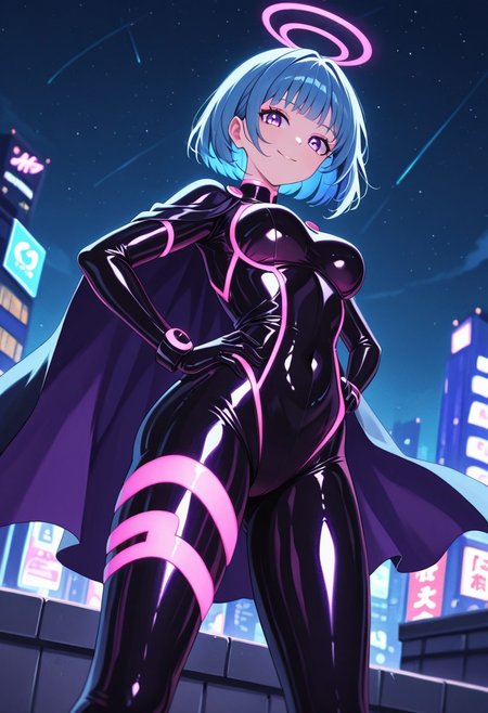 masterpiece, best quality, good quality, very aesthetic, absurdres, newest, 8K, depth of field,  in the style of cknc, artist:moriimee, in the style of cksc, 
1girl, short blue hair, bob cut, violet eyes, medium breasts, firm, tight spandex suit, cape flowing, glossy skin, standing on rooftop, hands on hips, confident smile, looking at viewer, from below
BREAK
city skyline, neon lights, night sky
BREAK
cool tones, high contrast, reflective surfaces, neon glow, rich details, heroic atmospher