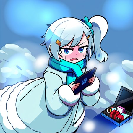 1girl, tablet-tan, by kodoto, blue eyes, bodysuit, box, coat, gift, gift box, hair ornament, hair ribbon, hairclip, ribbon, scarf, side ponytail, solo, tsundere, valentine, white hair, winter clothes, winter coat,
