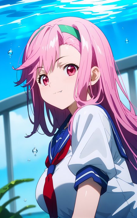 (score_9, score_8_up, score_7_up), standing, leaning forward, looking at viewer, light smile, closed mouth, shiny skin, tight clothes,
ohwx, 1girl, solo, pink_hair, long_hair, hairband, pink_eyes, red eyes, heart, fang, fang_out, breasts, large_breasts,
school_uniform, serafuku,
aquarium,
cowboy shot, dutch angle, close-up,
 <lora:shiria_ootsuka_pony_ss:1>
