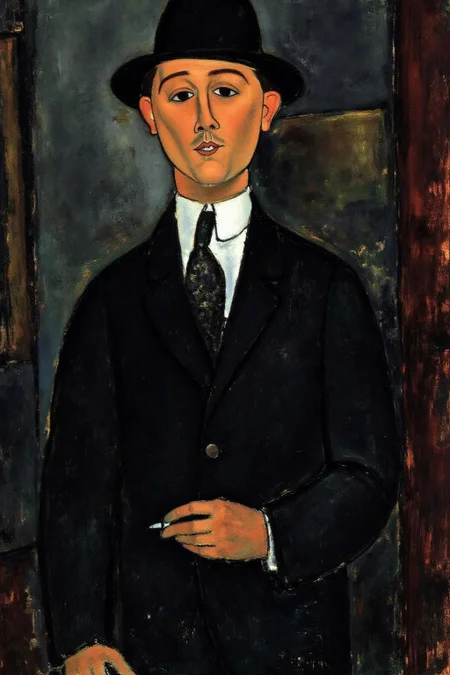 amedeomodigliani1 painting.
A man dressed in a dark suit with a white shirt and tie, wearing a black hat. He is holding a cigarette. <lora:amedeomodigliani1_cap_d6a3e8:1.0><lora:847299511209430737:0>