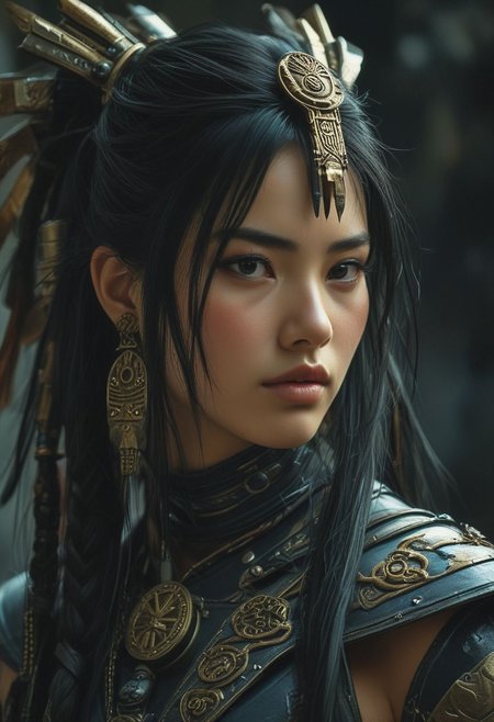 cyberpunk medium portrait of a futuristic female road warrior, cinematic color, photo, looking at the viewer,(realistic photograph), (photorealistic), cosplay, 啎䥃佄䔀Ancient Mongolian costume, beautiful girl, side soft light, long black semi shaved hair, s3m1sh4v3d, Dark environment, black over black, highly detailed, masterful painting in the style of Anders Zorn and Aleksi Briclot, oil on canvas