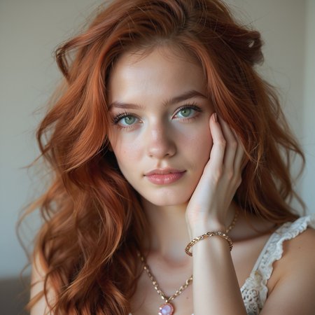 FiadhRose01,score_9,score_8_up,score_7_up,realistic,a fit red hair,green eyes,irish nationality,as a ((pixel punker)) with ((long hair)) In romantic wear,with lace,ruffles,and pastel shades.,dressed in silver chain necklace,pink pendant,gold bracelet,Marble steps,clear sky,architectural structure,hands on face,slight head tilt,looking at camera,close-up shot,eye-level angle,centered subject,shallow depth of field,in a dreamlike world where anything is possible and the impossible is real,Monochromatic color palette,sharp focus,masterpiece   ,