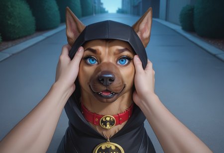 score_9, score_8_up, score_7_up, 2d, five fingers on the hand, 2girls, 2dog, score_explicit, source_furry, masterpiece, extremely detailed, outdoor, pavement, ((night)), looking at viewer, ((hand on head)),  ((POV)), ((above view, )), 
Superboy(/POV, 1boy, ((human, male)), faceless_male, standing,/),
Ace _Bat_Hound(/ girl, Ace _Bat_Hound, German Shepherd, batman helmet, black cloak, ((animal, feral, dog, canine)), Detailed eyes, perfect face, perfect eyes, open eyes, huge hips, voluptuous, dump-truck ass, butt heavy,  huge butt, big eyes, makeup, eyeshadow, big eyelashes, black lipstick, red choker, mascara, blue eyes, canine face, , fangs, , dog muzzle, large dog,/),