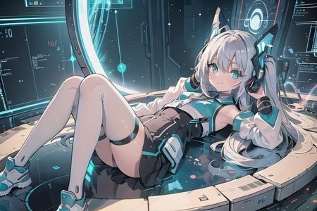 (masterpiece), (science fiction:1.4), 1girl, lying on the back on a mirror, lying on the back on a mirror, lying on the back on a mirror, smile, silver hair, aqua eyes, headgear, long sleeves, detached sleeves, glowing energy clothing, light particles, energy particles, perfect hands, perfect legs