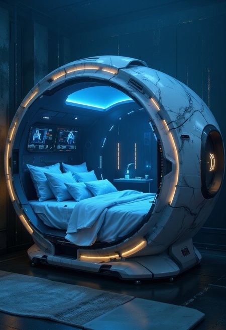 A breathtaking, hyper-detailed masterpiece of a futuristic gaming pod, rendered in HD 8K quality. The pod features a sleek, polished marble finish with soft, glowing neon accents in hues of blue and gold, seamlessly integrated into the design. The interior is luxurious and minimalistic, designed for both gaming and sleep, with smooth contours and a futuristic aesthetic. The console is embedded with subtle, glowing details that enhance the high-tech feel without disrupting the elegance. The background is dimly lit with a faint cyberpunk glow, emphasizing the pod's beauty and cutting-edge functionality in a serene, epic setting