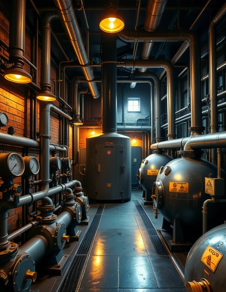 A highly detailed and realistic photograph of an industrial boiler room filled with large metal boilers, complex pipe systems, and pressure gauges. The room is dimly lit with a mix of warm yellow lighting from overhead industrial lamps and cool blue reflections from metallic surfaces. The air is slightly hazy with steam escaping from some of the pipes. The floor is made of reinforced concrete with visible stains from oil and water. Various control panels with blinking LED indicators and warning signs are mounted on the walls. The atmosphere is rugged and mechanical, evoking a sense of power and industrial efficiency. The depth of field is sharp, capturing intricate details such as rust on old pipes, the texture of the metal surfaces, and the labels on the control panels. The composition emphasizes symmetry, with pipes and machinery creating a structured, almost futuristic aesthetic. 
<lora:SDXLFaeTastic2400:0.4> <lora:extremely_detailed:0.4> extremely detailed,<lora:industrial_boiler_room:1>,industrial b01l3r r00m, Masterpiece,best quality,hi res,8k,hi res,8k,award winning,(sharp focus, intricate, highly detailed),