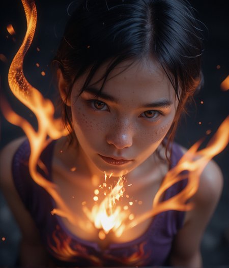 (score_9,score_8_up,score_7_up),
photorealistic, photography, depth of field, cinematic,
looking at viewer, freckles, from above,
(engulfed in purple flames, sparks, vfx, fire, energy, magic:1.1),
night, dark background, black background,
