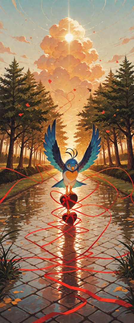 artist:softmode, cutie bird, park, masterpiece, best quality, amazing quality, very aesthetic, absurdres, newest, 
valentine's gift, golden hour glow,