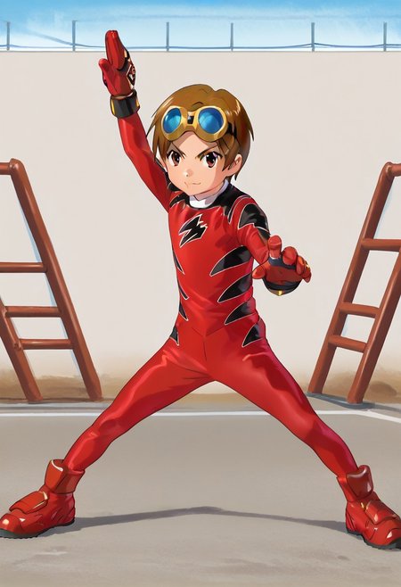 score_9, score_8_up, score_7_up, zPDXL2, 
1boy, solo, goggles on head, brown hair, 
,standing on playground,henshin pose,
geki red, red bodysuit, black markings,   red gloves, red boots,